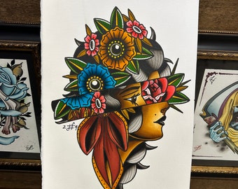 Tattoo art flash woman and flowers painting watercolor painting
