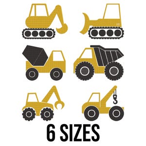 Op de afbeelding: Zes illustraties van gele en zwarte bouwmachines, waaronder een graafmachine, een bulldozer, een betonmolen, een dumper, een kraan en een graafmachine. De tekst "6 SIZES" staat in het zwart onderaan de afbeelding.