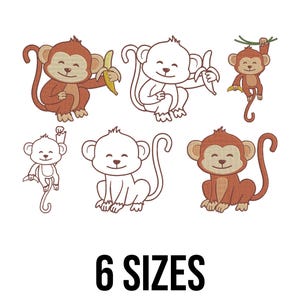 Cute Monkey Bundle Embroidery Design - Monkey with Banana Embroidery Design - Monkey Applique Machine Embroidery Design Files - 6 Sizes