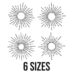 May include: Black and white graphic featuring four sunburst designs and the text "6 SIZES" in bold font. Each sunburst has a circular center with radiating lines of varying lengths, creating a vintage or retro aesthetic.