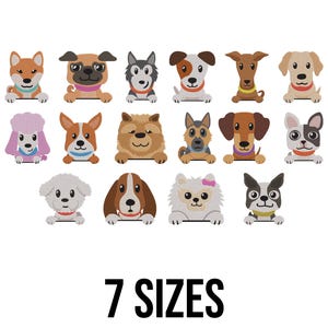 Puede incluir: Ilustraciones de perros de dibujos animados de varias razas, cada una con una paleta de colores y expresión únicas. La imagen incluye el texto "7 TAMAÑOS" en negrita y en negro, lo que sugiere opciones de tamaño para los diseños de perros.