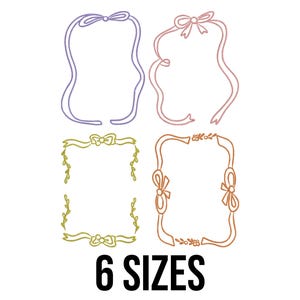 May include: An image featuring four decorative frames in various colors: purple, pink, gold, and orange. Each frame has a ribbon or bow design. The text "6 SIZES" is displayed in bold, black font at the bottom of the image.