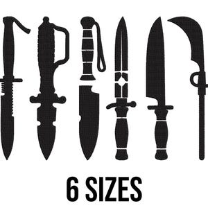 May include: Black silhouettes of six different knives against a white background. The knives vary in shape and size, including a serrated blade, a curved blade, and a blade with a handle guard. The text "6 SIZES" is displayed in black below the knives.
