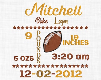 Birth Announcement Embroidery Design, Birth Template, Football design, Machine Embroidery, Birth Stats, AM/PM, 4 Sizes, Instant Download