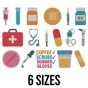 Puede incluir: Un surtido de parches bordados con temática médica, que incluyen una jeringa, una pastilla, una venda y un estetoscopio. La imagen también presenta el texto "COFFEE, SCRUBS, RUBBER, GLOVES" y "6 SIZES".