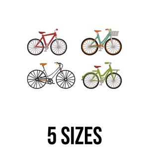 May include: Four embroidered bicycle designs in red, green, grey, and teal with orange and brown accents. The bicycles have varying styles, including one with a basket. The text "5 SIZES" is displayed in black, bold font below the bicycles.