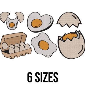 May include: A collection of egg-themed illustrations, including cracked shells, fried eggs, and a carton of eggs. The designs feature a yellow yolk and a white or beige background. The text "6 SIZES" is displayed below the illustrations.