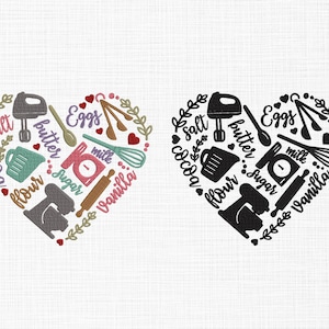 Puede incluir: Un diseño en forma de corazón con una silueta en blanco y negro de utensilios de cocina e ingredientes, incluyendo una batidora, un rodillo, un batidor, tazas medidoras y las palabras "sal", "mantequilla", "huevos", "azúcar", "harina", "cacao", "leche" y "vainilla".