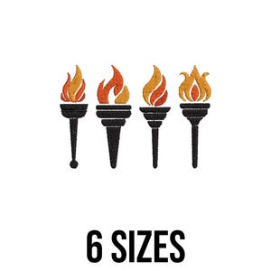 May include: Four embroidered torch designs with orange and yellow flames atop black torch handles. The text "6 SIZES" is displayed in black, indicating size options. The torches are arranged in a row against a white background.