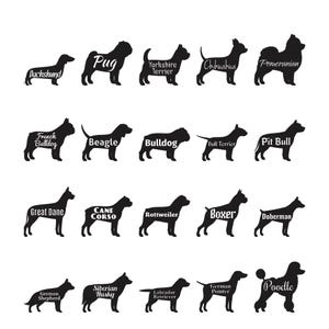 Puede incluir: Una colección de veinte siluetas de perros negras dispuestas en cuatro filas. Cada silueta presenta el nombre de la raza en texto blanco, incluyendo Dachshund, Pug, Yorkshire Terrier, Chihuahua, Pomeranian, French Bulldog, Beagle, Bulldog, Bull Terrier, Pit Bull, Great Dane, Cane Corso, Rottweiler, Boxer, Doberman, German Shepherd, Siberian Husky, Labrador Retriever, German Pointer y Poodle.