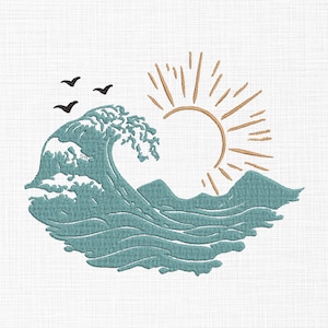 Puede incluir: Una ola azul con un sol saliendo detrás de ella. Hay tres pájaros negros volando sobre la ola.