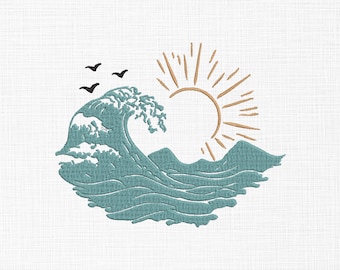 Motif de broderie vagues de la mer Motif de broderie vagues Motif de broderie scène océanique Motif de broderie machine 5 tailles en téléchargement numérique