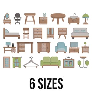 May include: A collection of illustrated furniture items, including a bed, chair, table, and sofa, in a minimalist style. The image also includes a hanger, a picture frame, and a chandelier. The text "6 SIZES" is at the bottom.