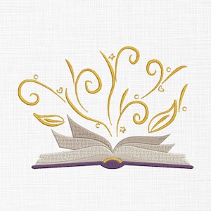 Puede incluir: Un libro abierto con diseños dorados en espiral que emanan de él, sugiriendo magia o imaginación.