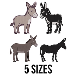 May include: Four donkey illustrations in various styles and colors, including a tan and gray donkey, a black donkey, and a silhouette. The text "5 SIZES" is displayed in bold, black font at the bottom of the image.