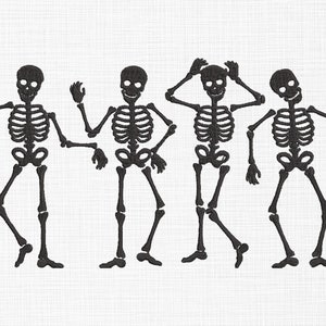 May include: Four black skeleton figures in various poses, including one with its hand on its head, one with its arm raised, and two standing with their arms at their sides.