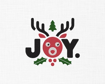 May include: A festive graphic with the word "JOY" in black, featuring a red reindeer face with antlers and a green Christmas tree. Holly leaves and berries are also included in the design.