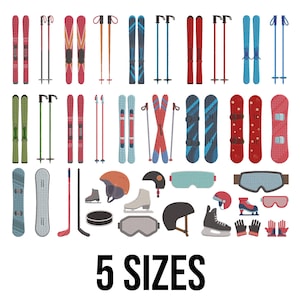 Peut inclure: Illustration d'équipements de sports d'hiver, comprenant des skis, des snowboards, des casques, des lunettes, des patins et du matériel de hockey. L'image présente différents coloris et styles, avec le texte "5 SIZES" en bas.