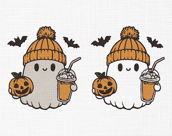 Ghost with coffee and pumpkin embroidery design, Halloween Embroidery, Cute Ghost embroidery, 4 sizes, instant download.