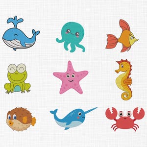 Sea animals Bundle Embroidery Design Cute Sea Animals, Fish, Crab, Sea horse, Wheel, Star fish Machine Embroidery Design 5 Sizes Download