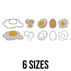 May include: An illustration of various egg designs, including fried eggs, hard-boiled eggs, and cracked eggs. The image features both outlined and filled-in versions of the eggs. The text "6 SIZES" is displayed in bold, black font at the bottom of the image.