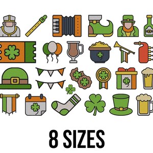 Puede incluir: Una colección de iconos coloridos con temática del Día de San Patricio, que incluyen un duende, instrumentos musicales, un boleto, globos, una taza, una olla de oro, una trompeta, una botella, un sombrero, una guirnalda, un trébol, una caja de regalo, una cerveza, un calendario, un calcetín y una jarra de cerveza. El texto "8 SIZES" está en la parte inferior.