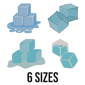 May include: An illustration featuring several embroidered ice cubes in various arrangements. Some cubes are stacked, others are melting, and some have a white topping. The text "6 SIZES" is displayed in bold black font.