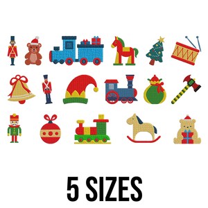 May include: A collection of colorful Christmas-themed embroidery designs, including a toy soldier, teddy bear, train, rocking horse, and Christmas tree. The text "5 SIZES" is displayed below the designs.