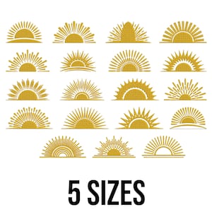 May include: A collection of gold sunburst designs in various styles. The image displays multiple sun designs, each with unique ray patterns. The text "5 SIZES" is displayed in bold, black font at the bottom of the image.