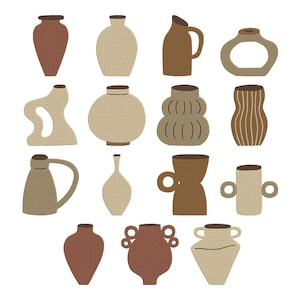 Op de afbeelding: Een verzameling decoratieve keramische vazen in verschillende vormen en maten. De vazen zijn in tinten bruin, beige en gebroken wit, met een textuur. Sommige hebben handvatten of unieke openingen, geschikt voor interieurdecoratie.