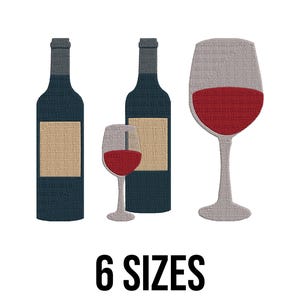 Wine Bottle and Glass Embroidery Design - Wine Glass Embroidery Design - Bottle of Wine and Glass Machine Embroidery Design Files - 6 Sizes