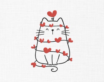 Valentine Cat Embroidery Design Cat with Hearts Embroidery Design Cute Cat Embroidery Design valentines Day Embroidery Design 5 Sizes