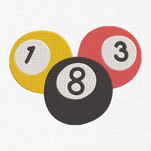 Pode incluir: Três bolas de bilhar, uma amarela com o número 1, uma vermelha com o número 3 e uma preta com o número 8.