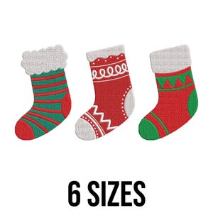May include: Three embroidered Christmas stockings in red, green, and white. The stockings have different designs, including stripes, swirls, and zigzags. The text "6 SIZES" is displayed in black below the stockings.