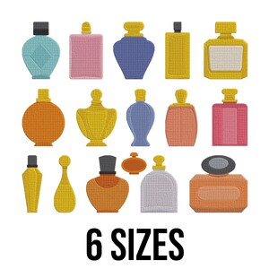Peut inclure: Divers motifs de bouteilles de parfum brod&eacute;es, de diff&eacute;rentes formes et couleurs, dont le bleu, le rose, le jaune et l'orange. Le texte "6 SIZES" est affich&eacute; en noir au bas de l'image.