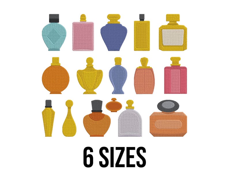 Peut inclure: Divers motifs de bouteilles de parfum brod&eacute;es, de diff&eacute;rentes formes et couleurs, dont le bleu, le rose, le jaune et l'orange. Le texte "6 SIZES" est affich&eacute; en noir au bas de l'image.