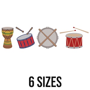 May include: An illustration of four different drums: a djembe, a snare drum, a drum with crossed drumsticks, and a red drum with drumsticks. The text "6 SIZES" is displayed in black font at the bottom of the image.