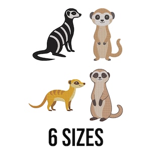Może przedstawiać: Cztery haftowane wzory surykatek w różnych pozach i kolorach, w tym czarno-białym, brązowym i żółtym. Tekst "6 SIZES" jest wyświetlany pogrubioną, czarną czcionką pod ilustracjami surykatek.