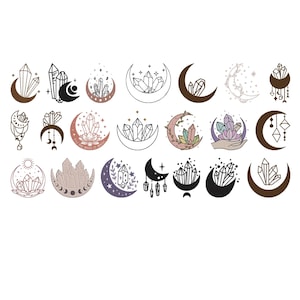 May include: A collection of celestial-themed illustrations featuring crescent moons and crystals. The designs vary in color, including brown, black, and pastel hues, with intricate line work. The overall theme suggests spirituality and natural elements.