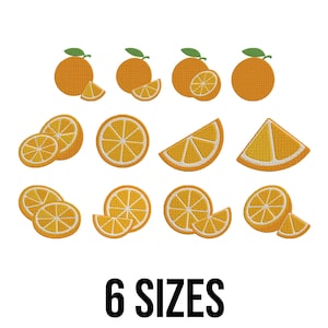 May include: Orange fruit embroidery designs in various styles, including whole oranges, slices, and wedges. The designs are in shades of orange and yellow with green leaves. The text "6 SIZES" is displayed in black.
