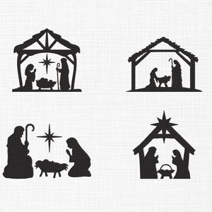 May include: Four black silhouette images of Nativity scenes. Each scene depicts figures in a stable or outdoors, with a star and other elements. The images are set against a white textured background.