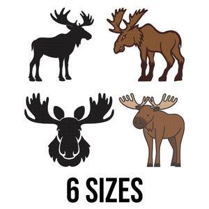 Op de afbeelding: Vier eland illustraties in zwart en bruin, met gedetailleerde geweien. Twee zijn silhouetten en twee zijn gekleurd. De tekst "6 SIZES" wordt vetgedrukt, zwart weergegeven onderaan de afbeelding. De elanden staan in verschillende poses.
