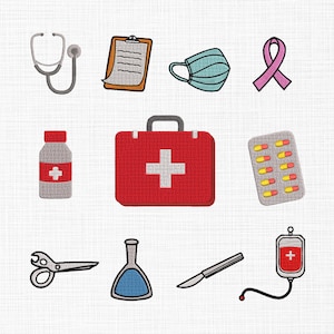 Puede incluir: Un conjunto de 10 iconos médicos, que incluyen un estetoscopio, un portapapeles, una mascarilla facial, una cinta rosa, un botiquín de primeros auxilios, una botella de pastillas, un blíster de pastillas, unas tijeras, una probeta, un bisturí y una bolsa de sangre.