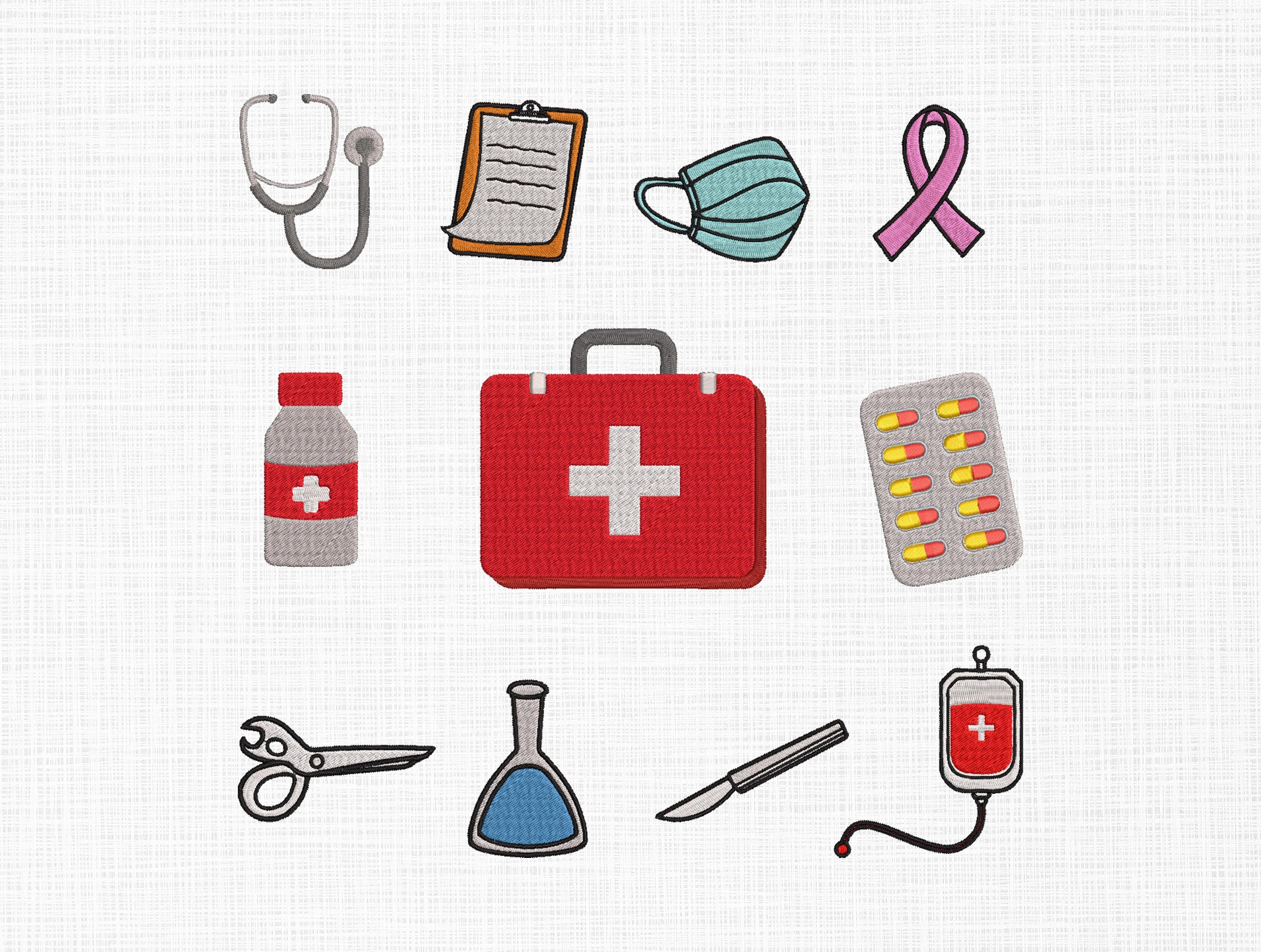 Medical set Embroidery Design Nurse Machine Embroidery Design Medical Embroidery Stethoscope, Heartbeat, RN Embroidery First aid Kit Design