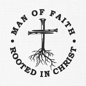 Puede incluir: Ilustración en blanco y negro de una cruz con clavos, enraizada en el suelo. La cruz está rodeada de un círculo con el texto "Man of Faith Rooted in Christ".