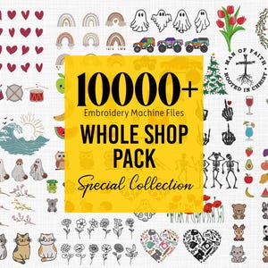 Op de afbeelding: Een verzameling borduurmachinebestanden met verschillende ontwerpen, waaronder harten, regenbogen, geesten, bloemen en dieren. De afbeelding bevat de tekst "10000+ Embroidery Machine Files WHOLE SHOP PACK Special Collection."