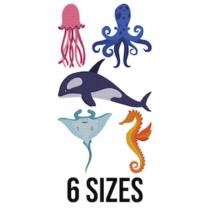 Sea Animals Bundle Embroidery Design - Cute Jellyfish, Octopus, Seahorse, Dolphin, Stingray Machine Embroidery Design Files- 6 Design Sizes