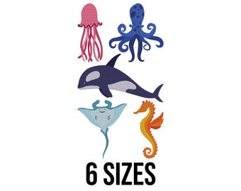 Sea Animals Bundle Embroidery Design - Cute Jellyfish, Octopus, Seahorse, Dolphin, Stingray Machine Embroidery Design Files- 6 Design Sizes