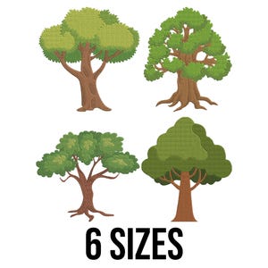 May include: Four cartoon trees in various styles with green foliage and brown trunks. The text "6 SIZES" is displayed in black, indicating different size options for the tree designs. The trees are set against a white background.