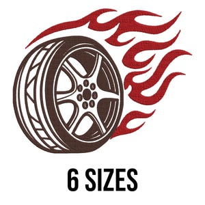 May include: A brown tire with a black rim and a red flame design. The tire has a five-spoke wheel design. The image includes the text "6 SIZES".